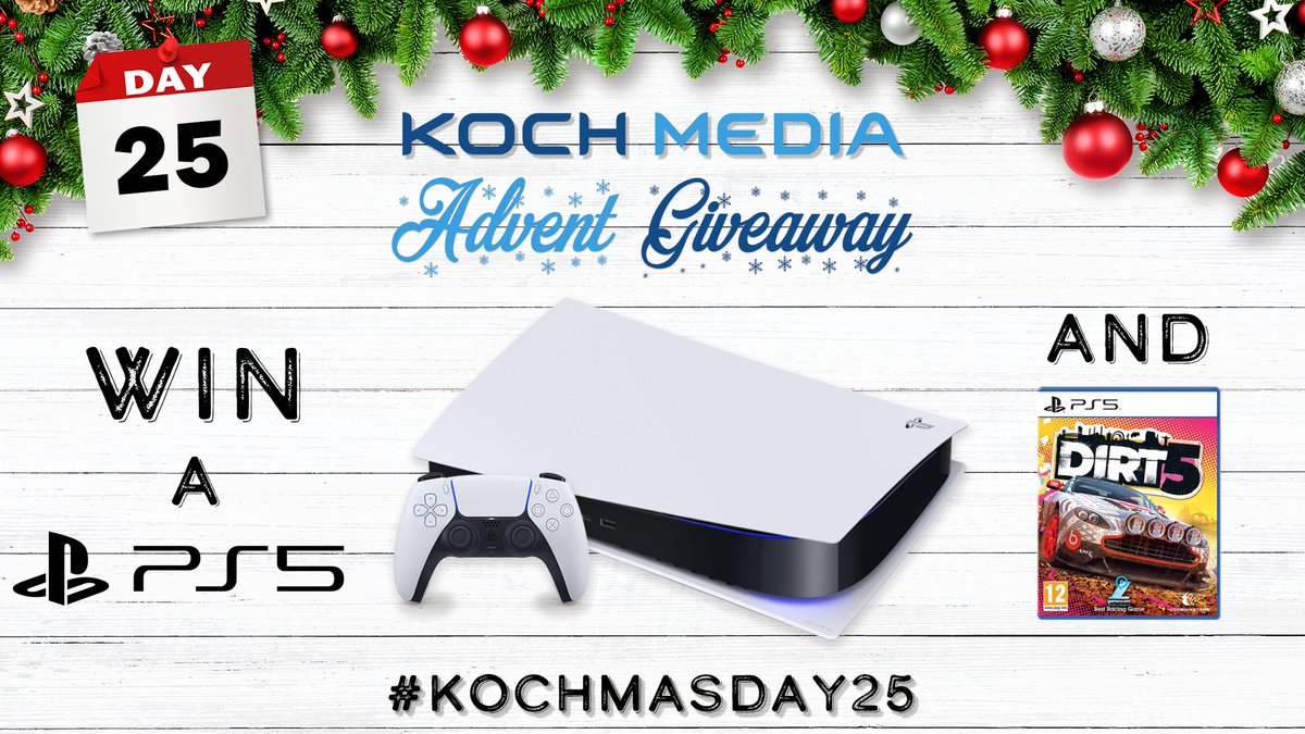 PLAION_UK's tweet photo. 🎅 CHRISTMAS #PS5GIVEAWAY! 🎅

Here's your chance to win a #PS5 disc edition console along with a copy of #DIRT5! 🚗💨

✅ Follow us
❤️ Like this tweet
🔁 RT with #KochmasDay25 and tag your racing rival

#COMPETITION 🇬🇧 UK only. Ends 4/1/21 @ 11AM. T&amp;Cs: https://t.co/wrsCIydXQj https://t.co/0i7LtQQzCH
