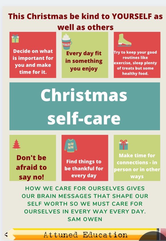 I always enjoy the blogs and summary pages from  @sheilattuned on topics related to emotional regulation, wellbeing and stress. This is a great image she shared on self-care at Christmas.
