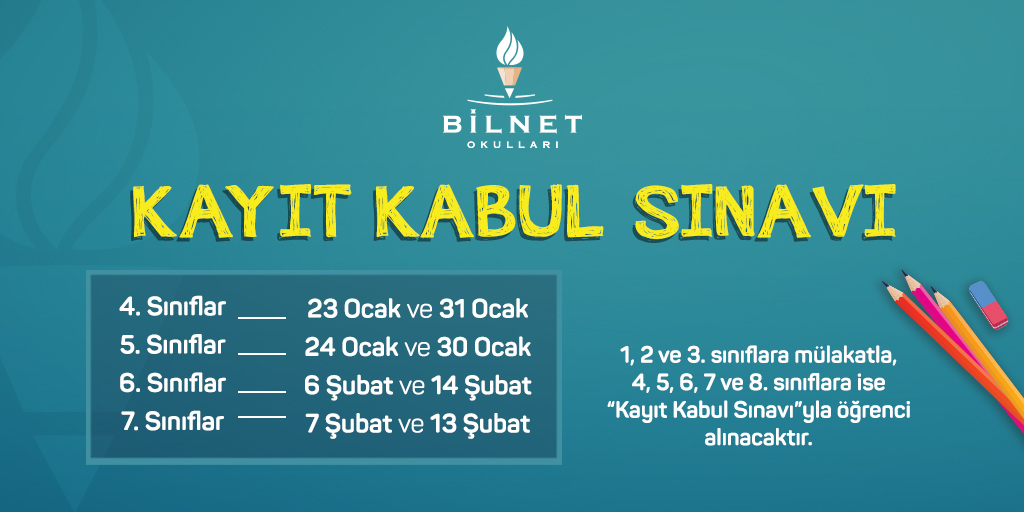 2021-2022 Eğitim-Öğretim yılı için 1, 2 ve 3. sınıflara mülakatla; 4, 5, 6, 7 ve 8. sınıflara "Kayıt Kabul Sınavı"yla öğrenci alınacaktır. Sınavlarda başarılı olan öğrencilere, belirlenen oranlarda eğitim bursu verilecektir.

Detaylı bilgi ve başvuru için: burslulukbasvuru.bilnetokullari.com