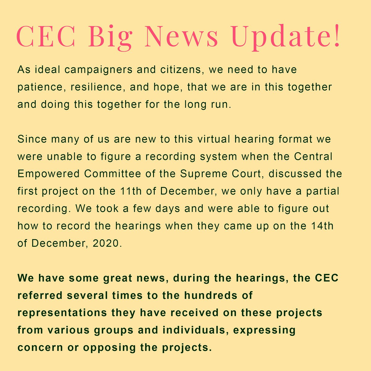 We have some great news During the hearings, the CEC referred several times to the hundreds of representations made to them by college students, medical students, scientists, lawyers, architects, small business owners, affected residents, architects etc2/n