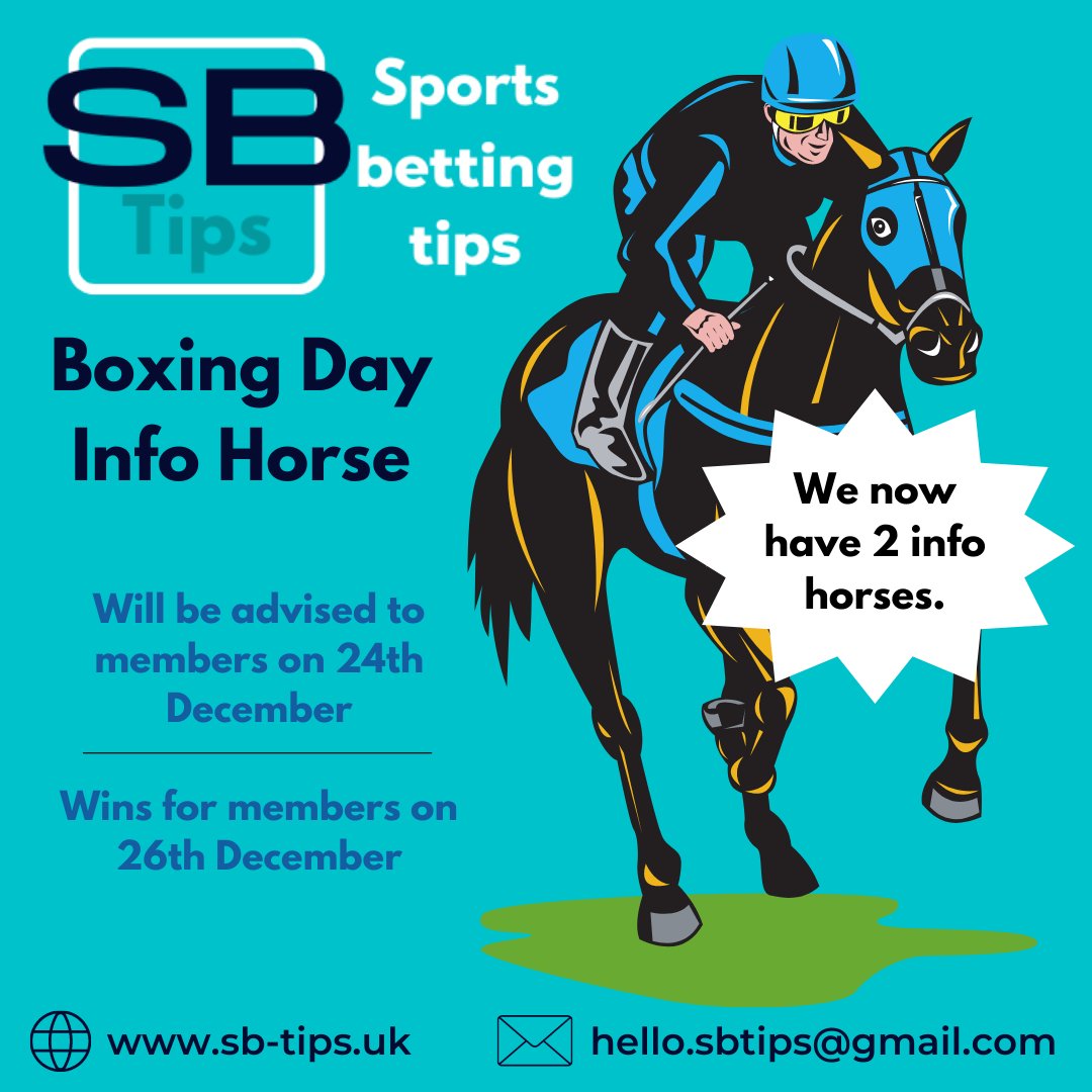 SBTips2's tweet image. We now have 2 info horses for Boxing Day!

Members will have access from 3pm today along with all Boxing Days tips.

To find out more about us take a look at our website sb-tips.uk

#horseracingtips #footballtips #sportsbettingtips #bettingprofit #responsiblebetting