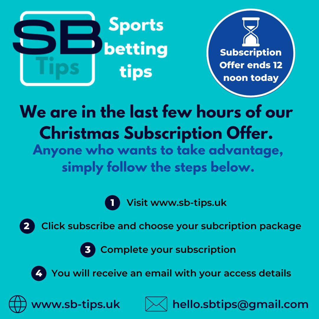 SBTips2's tweet image. The clock is ticking, our Christmas Offer ends at 12 noon today

If you want to be involved at a knock price, visit our website asap and gt it done sb-tips.uk

#horseracingtips #footballtips #sportsbettingtips #bettingprofit #responsiblebetting #over18sonly #s_b_tips