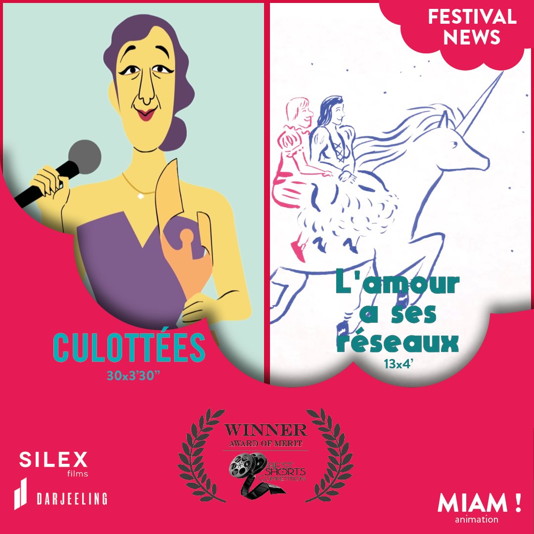 MIAM ! animation (@miamanimation) on Twitter photo We are ending 2020 with two new awards, it never stops!
Brazen (30x3'30) and Fail in Love (13x4') have won Awards of Merit for Animation at the <a href="/bestshorts/">Best Shorts</a> Competition! 🏆
Congratulations to the producers <a href="/silex/">Philip Sun</a> and Darjeeling and their teams 👏
#frenchanimationrocks #festival We are ending 2020 with two new awards, it never stops!
Brazen (30x3'30) and Fail in Love (13x4') have won Awards of Merit for Animation at the <a href="/bestshorts/">Best Shorts</a> Competition! 🏆
Congratulations to the producers <a href="/silex/">Philip Sun</a> and Darjeeling and their teams 👏
#frenchanimationrocks #festival
