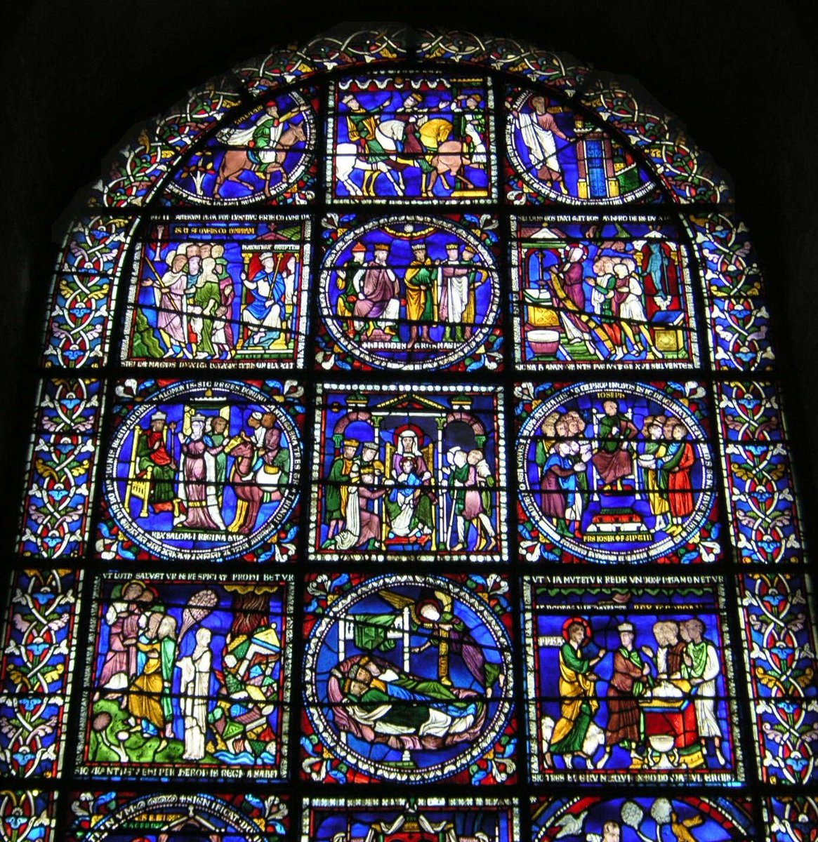 13th-century French glass at Canterbury Cathedral with the full story of the Magi and typologically related scenes.
