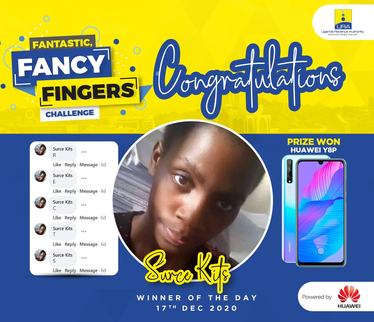 URAuganda's tweet photo. Surce Kits gets to celebrate Christmas with a brand new Huawei Y8P courtesy of the Taxpayers Appreciation Season partners @Huawei Uganda for acing the #TPAS20 Fancy Fingers Challenge of 16th December, 2020.
Thank you all for participating.
#TPAS20 https://t.co/oSgxQtPhiG