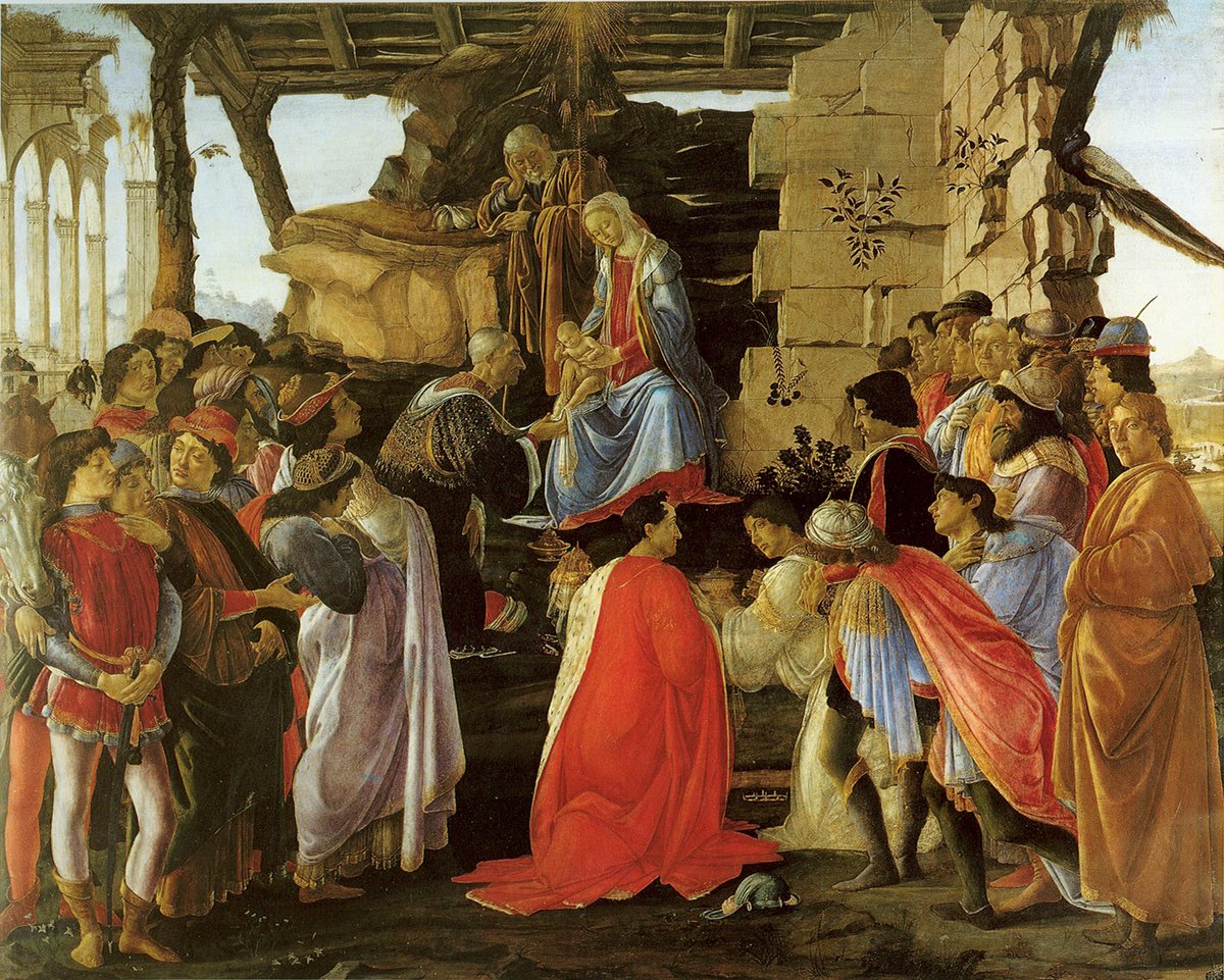 Botticelli; his patrons, the Medici family, are depicted as the Magi and their retinue.