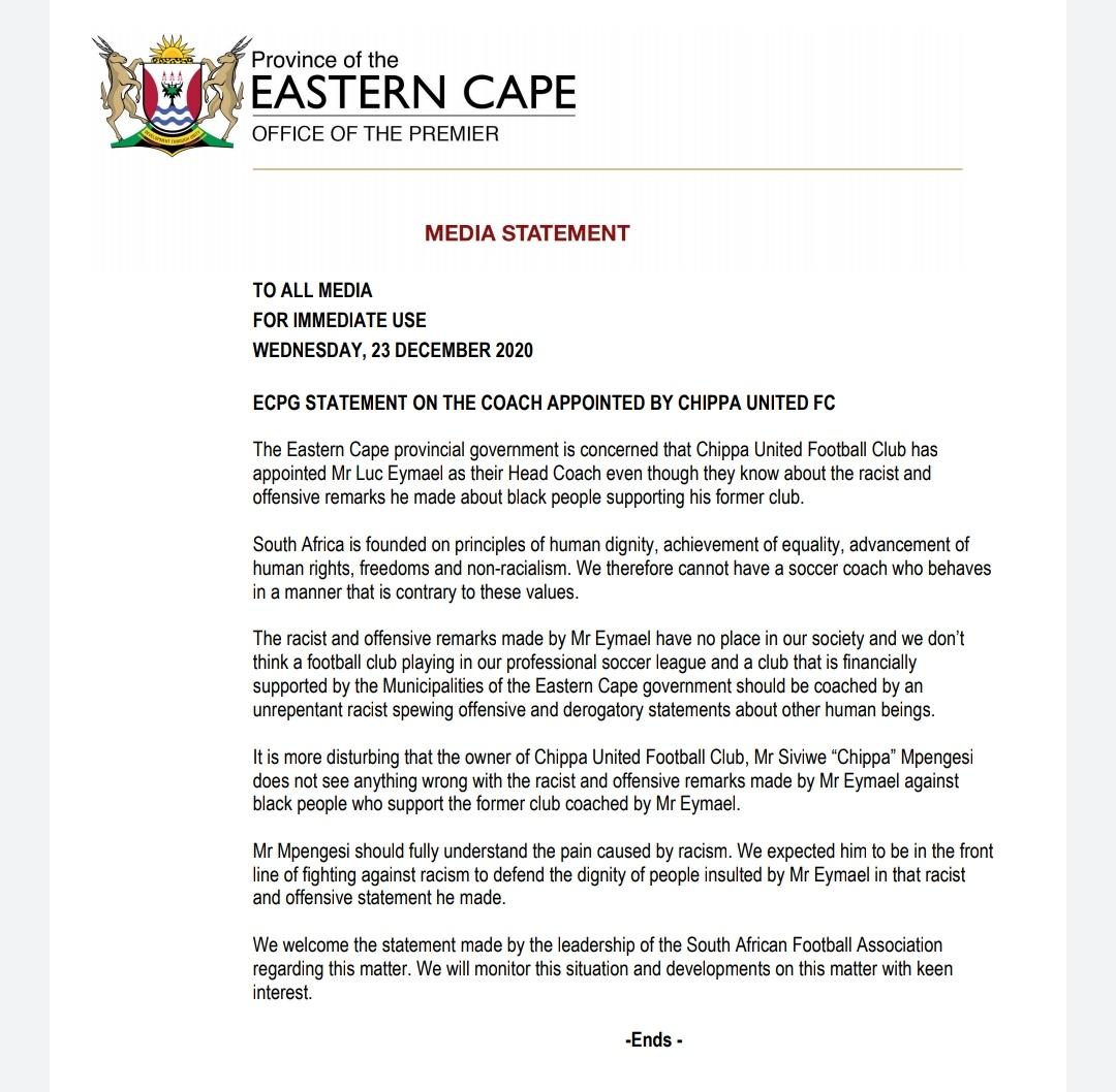 The Eastern Cape government has expressed their concern at the appointment of Luc Eymael as ChippaUnited coach.