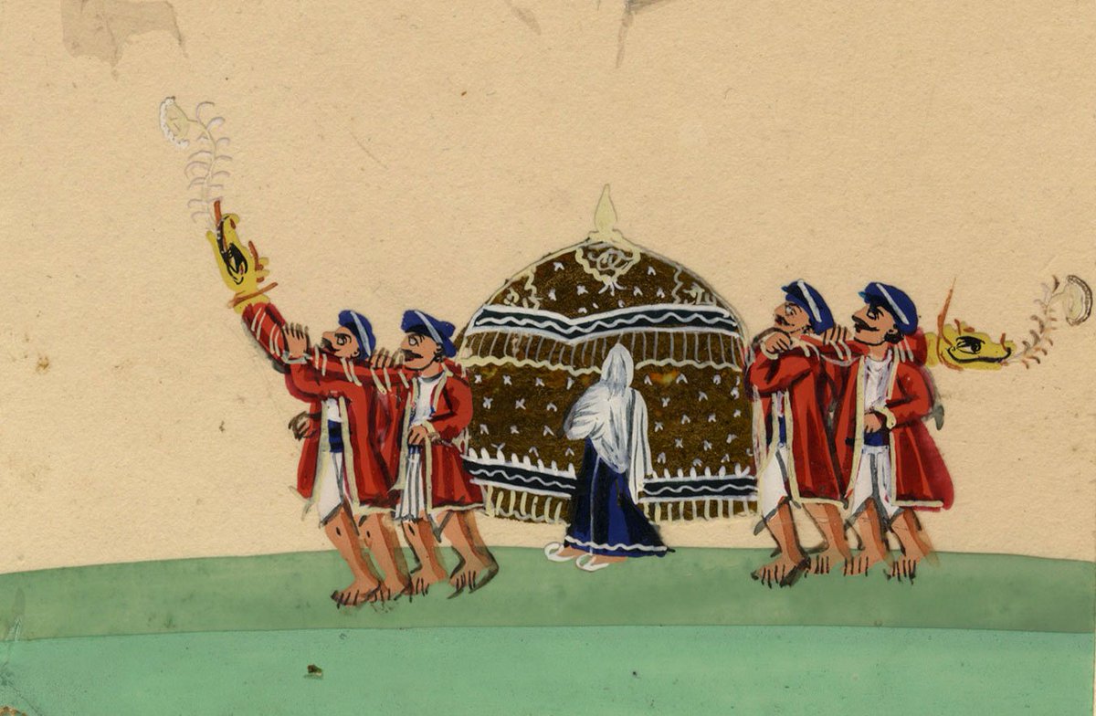 this image is similar to one previous tweet on Queen of Awadh on visit to London?very similar themepalanquin waiting for lady to board, covered rom all sidesmica company school painting from ebay http://ebay.com/itm/Company-School-19th-century-Indian-Mica-Painting-Gouache-Closed-Palanquin-Bearer-/283755275712