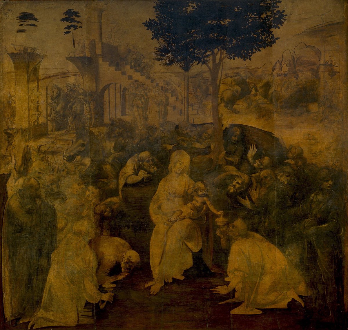 This complex Adoration of the Magi by Leonardo da Vinci was never completed.