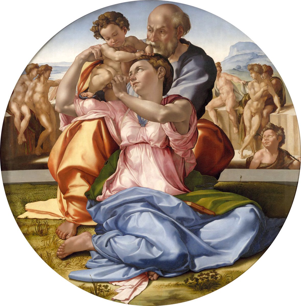 The Doni Tondo represents the Holy Family resting on the way to Egypt; Michelangelo.
