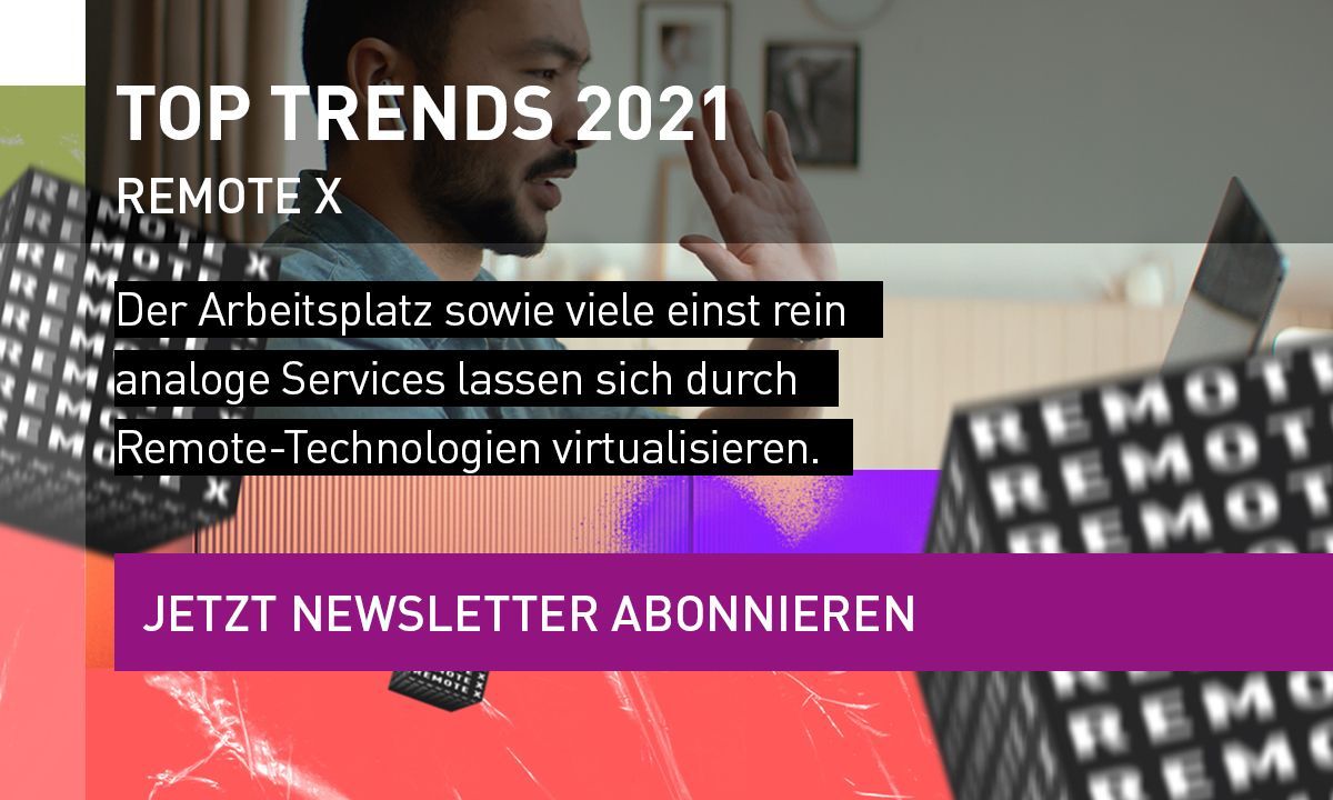 trendone's tweet image. Das Arbeiten von Zuhause aus ist erst der Beginn der Ära &quot;Remote X&quot;. Zukünftig werden immer mehr alltägliche Handlungen virtualisiert. Die #TopTrends2021 in unserem Newsletter – 𝗷𝗲𝘁𝘇𝘁 𝗮𝗯𝗼𝗻𝗻𝗶𝗲𝗿𝗲𝗻: trendone.com/nl