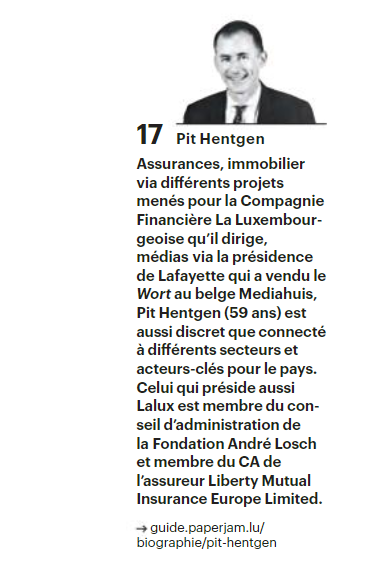 lafond_mat's tweet photo. 💯 Le classement #PaperjamTop100 des décideurs économiques les plus influents en 2020 au #Luxembourg 🇱🇺 valorise le dynamisme et l'attractivité du secteur de l' #assurance 📈 @Paperjam_lu

1⃣5⃣ @MarcHengen [@ACAluxembourg]
1⃣7⃣ @hentgepi [LALUX]
2⃣3⃣ @marclauer2 [@GroupeFoyer ] https://t.co/8TvzL2pd0n