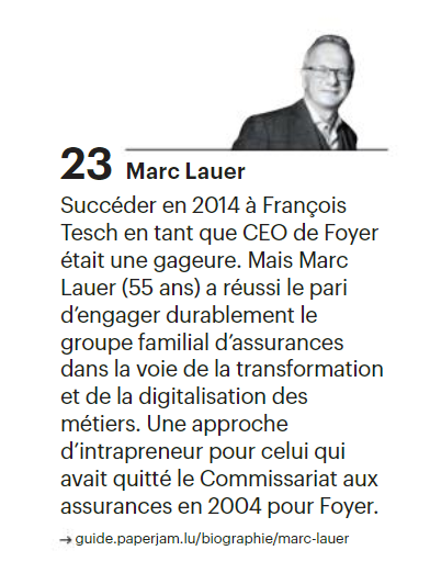 lafond_mat's tweet photo. 💯 Le classement #PaperjamTop100 des décideurs économiques les plus influents en 2020 au #Luxembourg 🇱🇺 valorise le dynamisme et l'attractivité du secteur de l' #assurance 📈 @Paperjam_lu

1⃣5⃣ @MarcHengen [@ACAluxembourg]
1⃣7⃣ @hentgepi [LALUX]
2⃣3⃣ @marclauer2 [@GroupeFoyer ] https://t.co/8TvzL2pd0n