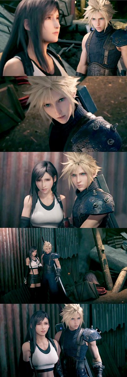 Forgot to add these before that last tweet: in FF7R before they rescue Aerith, there's an entire new section where C,T, & B go back to the rubbles of Seventh Heaven. Cloud saves Tifa from being crushed by falling debris.