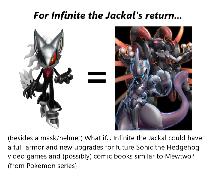 For Infinite's return...

(Besides a mask/helmet) What if Infinite the Jackal could have a full armor and new upgrades for future Sonic the Hedgehog video games and (possibly) comic books similar to Mewtwo? (from Pokemon The First Movie and remake, Pokemon series) https://t.co/1QAjAqhrGS