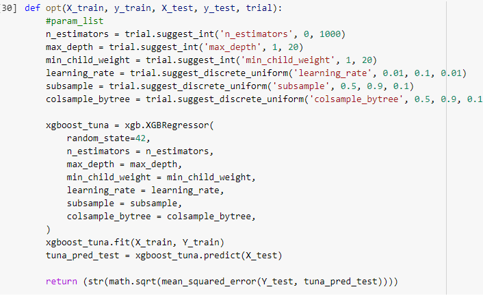 For those interested in the more machine learning/python side of this, Optuna is the greatest parameter tuning package and it's not even close. This function pictured that I built made for a very fast hyper parameter tuning experience.