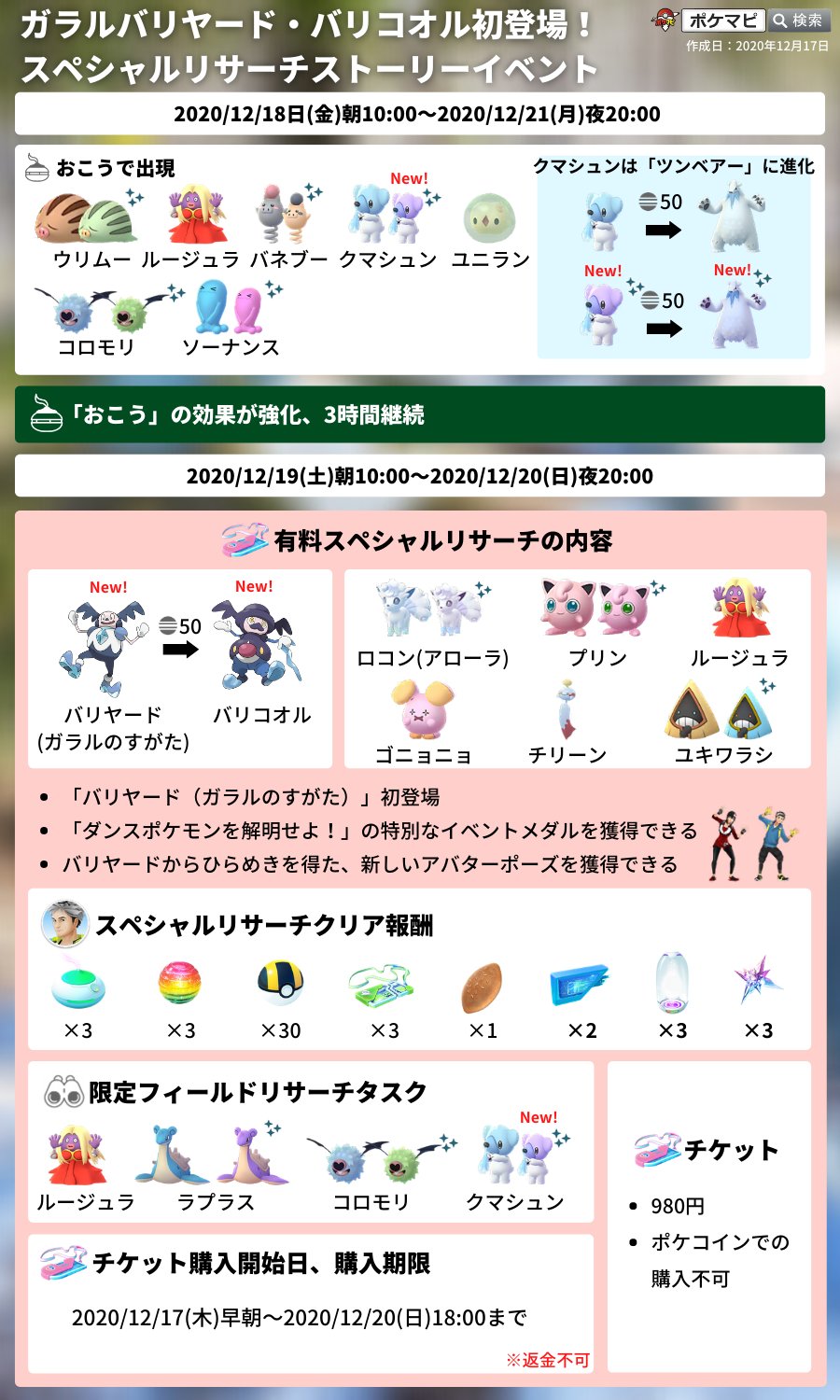 ポケモンgo攻略情報 ポケマピ ガラルバリヤードのスペシャルリサーチストーリーイベント開催 無料 12 18 金 10時 12 21 月 時 色違いクマシュン初登場 おこう効果up 3時間持続 有料 12 19 土 10時 12 日 時 ガラルバリヤード バリコオル ポケモンgo攻略情報 ポケマピ ガラルバリヤードのスペシャルリサーチストーリーイベント開催 無料 12 18 金 10時 12 21 月 時 色違いクマシュン初登場 おこう効果up 3時間持続 有料 12 19 土 10時 12 日 時 ガラルバリヤード バリコオル