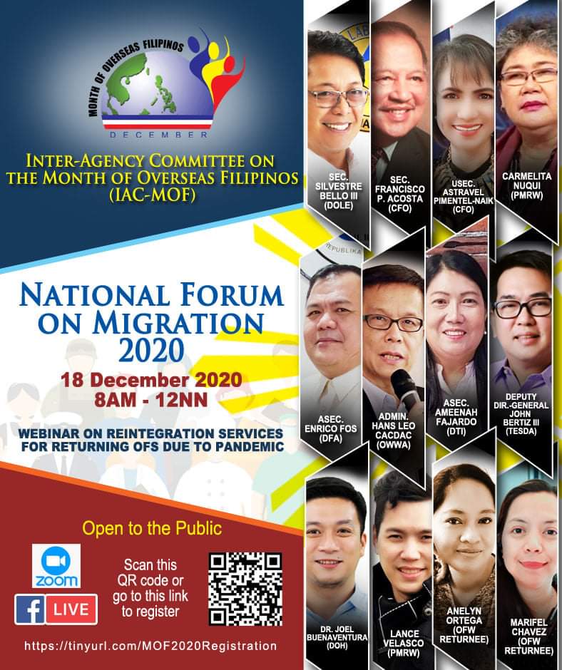 docjowl's tweet photo. Tomorrow is International Migrants' Day. All is invited to attend the 🇵🇭 National Forum on #Migration 2020! Will be speaking about Health Services for Migrants and Overseas Filipino Returnees during COVID-19. Registration details at poster👇! #mof2020 #advancinghealthinmigration https://t.co/1XpZzSyndl