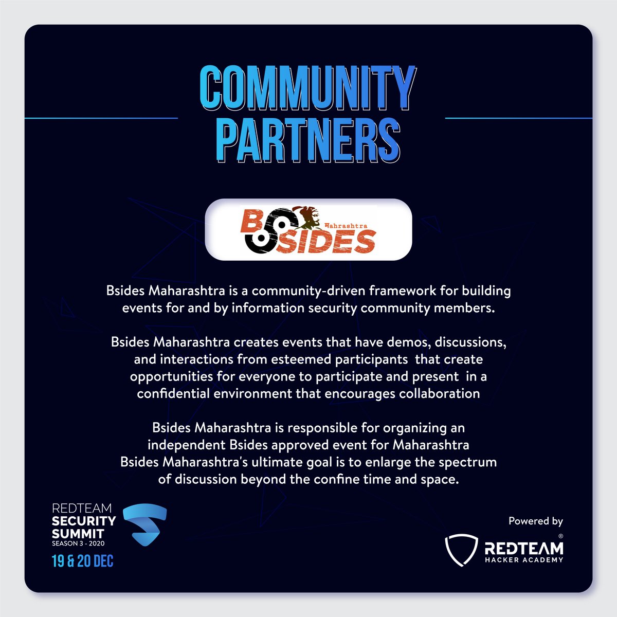 redteamacademy's tweet photo. We are delighted to flag Bsides Maharashtra's participation in RedTeam Security Summit 2020.

#redteamsecuritysummit #conference2020 #hackers #hackingconference #communitypartners #event #digital2020 #coding #cyberattack #cybersecuritytraining #cybersecuritytalks #hacking https://t.co/vKTsYPJ79W