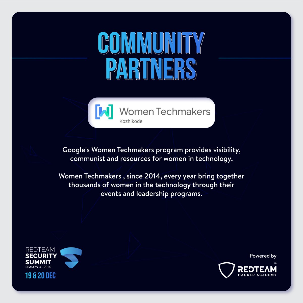 redteamacademy's tweet image. We are delighted to flag Women Techmakers Kozhikode&apos;s participation as a community partner for our event RedTeam Security Summit 2020.

#RedTeamSecuritySummit #SecuritySummit2020 #Hacking #conference2020 #cybersecuritytraining #cybersecurityservices #kalilinux #security #infosec