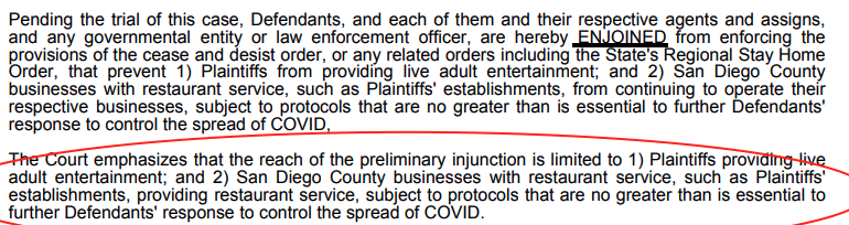Here's a play-by-play rundown of the judge's order allowing strip clubs AND restaurants to resume service in San Diego. The county will try to claw it back but the order is clear: Gov officials are ENJOINED from enforcing the provisions of the cease and desist order!1/