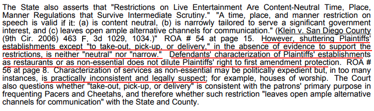 The judge throws ANOTHER punch at Newsom for the arbitrary way in which they define "essential" services. A great line here "Characterization of services as non-essential may be politically expedient but, in too manyinstances, is practically inconsistent and legally suspect"10/