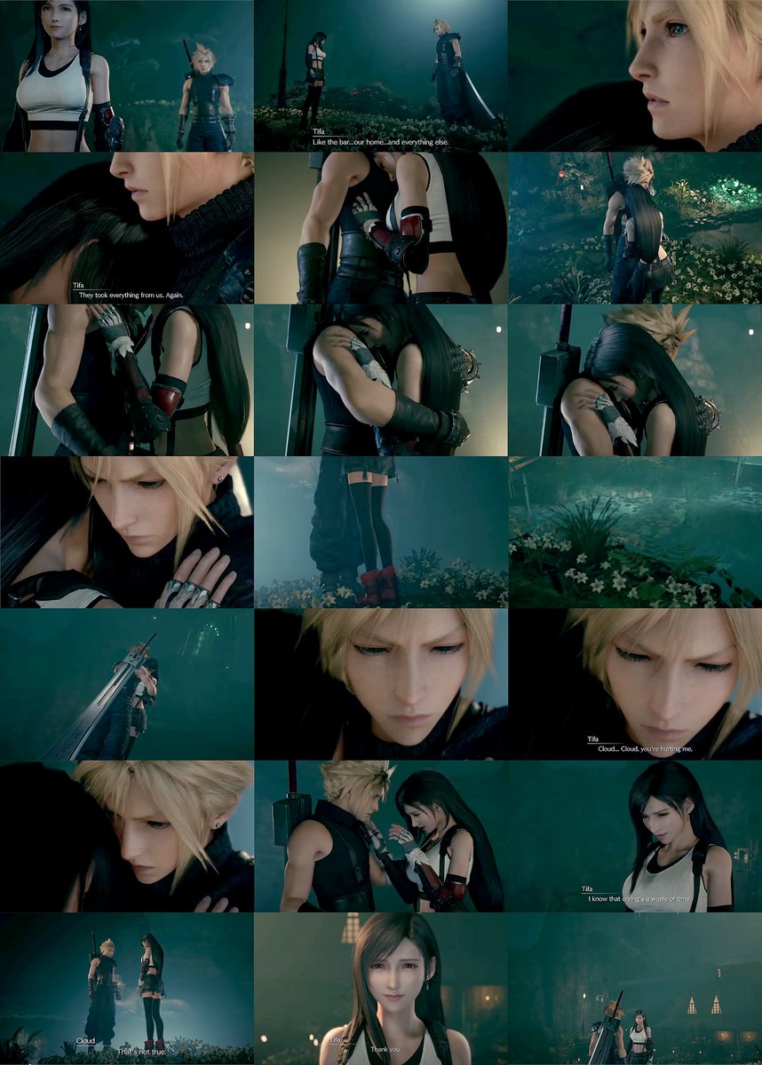 In FF7R there are new resolutions added that vary depending on the side quests you did. If you get T's, it continues off the previous scene where C saw B consoling T - now T crying over losing her home & friends then C overcoming his emotional awkwardness by hugging her tightly
