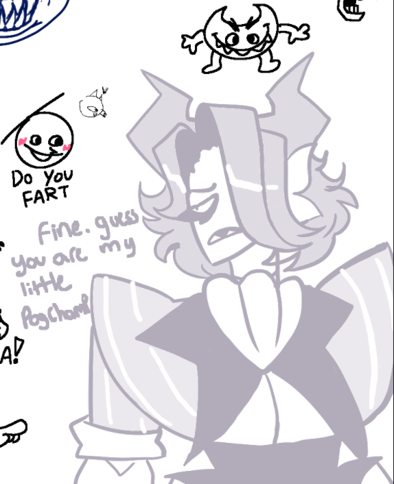 Asmo from an aggie with friends that I liked a lot feat. my friend's cursed ass doodle in the corner gshbj