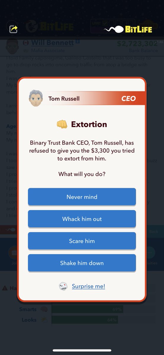 BitLifeApp's tweet photo. 👊 What's the call here, Bitizens? 💣 #MafiaUpdate https://t.co/MPYsl9dzvU