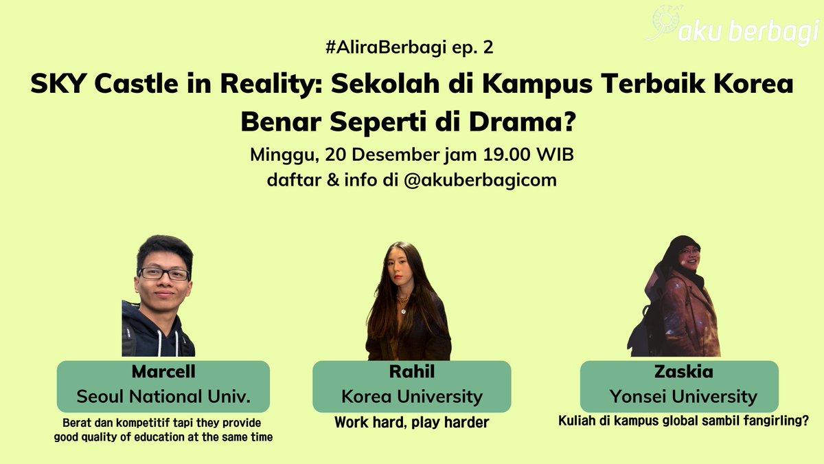 Dengerin langsung beda2 pengalaman studi di Korea. Semua S1, jadi gaul sm anak2 yg baru lulus SMA n super kompetitif. Faktor2nya:1. Jurusan lu ada orang asing apa ngga2. Kuliah pake English/Korea3. Lu fakultas apa di KU/College apa di Yonsei4. Lu dianggap pinter atau bego?