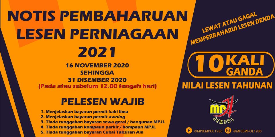 Majlis Perbandaran Jempol On Twitter Lewat Atau Gagal Memperbaharui Lesen Pelesen Akan Berdepan Tindakan Denda Sehingga 10 Kali Ganda Nilai Lesen Tahunan Pelesen Diminta Memuat Turun Borang Pembaharuan Di Pautan Berikut Bagi
