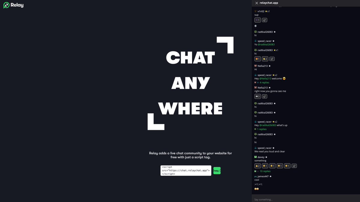 Relay Chat

Live chat community to your website

By @relaychatapp

relaychat.app