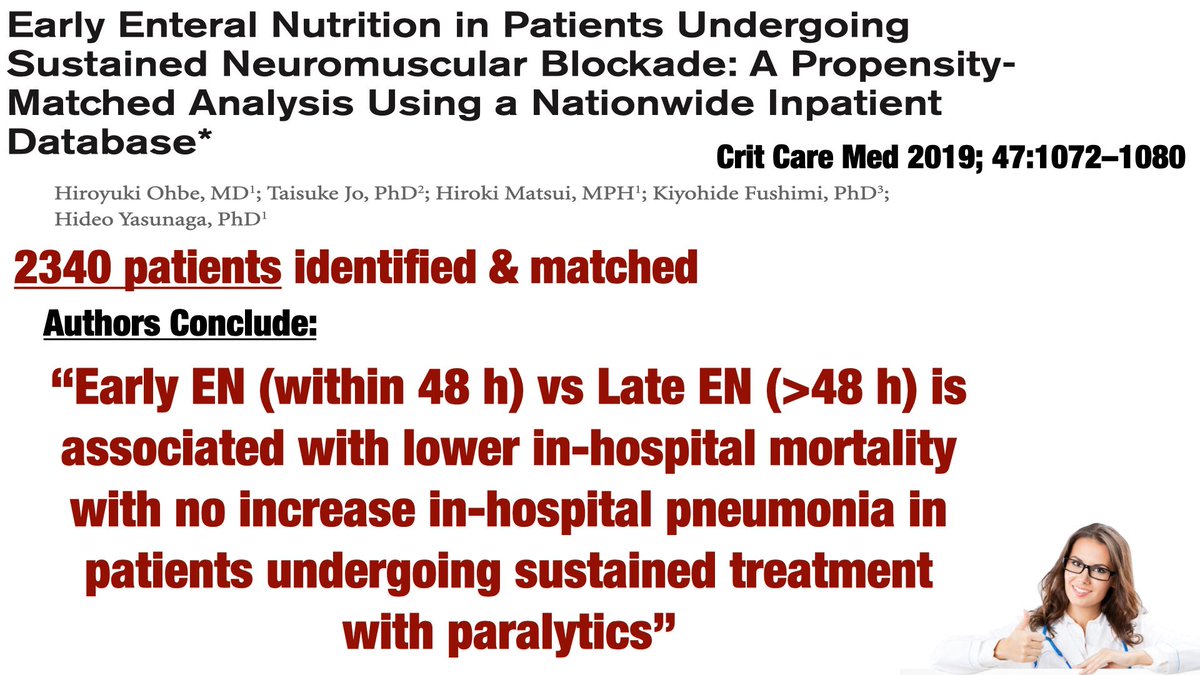 Paul_Wischmeyer's tweet photo. Please feed your #COVID19 patients receiving #paralytics within 48 h of admit!

New in @CritCareMed - Early feeding 🔽 mortality in #ICU patients receiving neuromuscular blockers with no increase in pneumonia or aspiration

#ICUNutrition #dietitian #nutrition #FOAMcc #SCCMSoMe https://t.co/HHjhjEfj3E