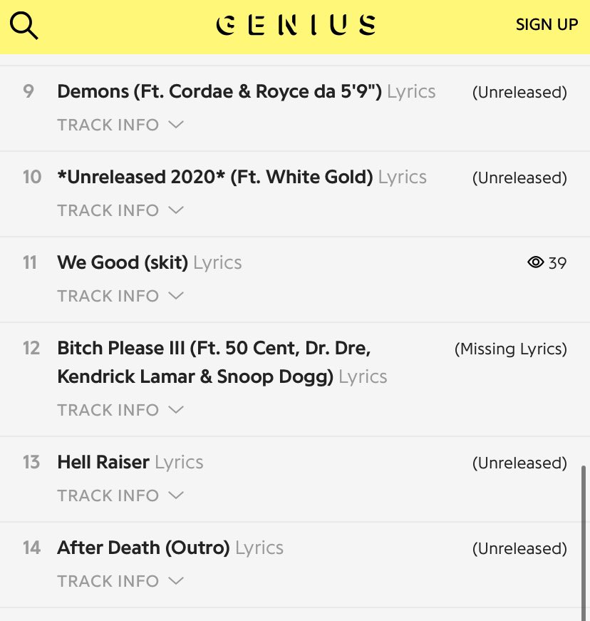 Looks like Genius officially confirmed MTBMB Side B. The features are STACKED, including Kendrick Lamar, Dr. Dre, 50 Cent, Snoop Dogg, Elton John, Royce, Denzel Curry, JID, Westside Boogie, White Gold, and Cordae