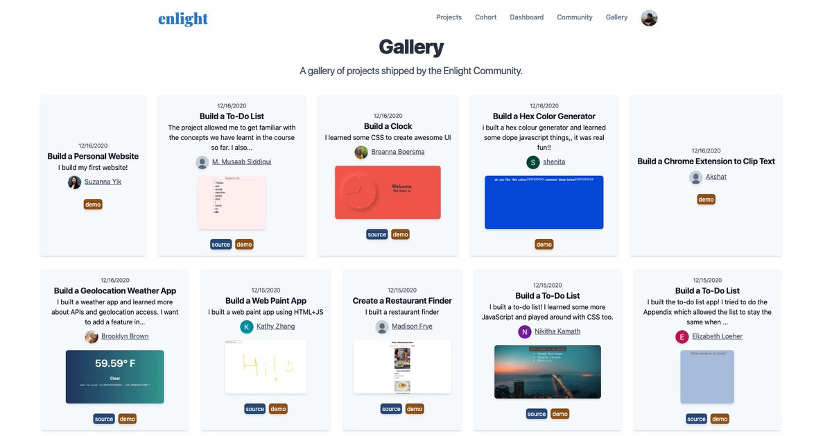 samaysham's tweet photo. Just shipped the @tryEnlight project gallery, showing off literally hundreds of completed projects on the platform! 🤯 

Check it out: https://t.co/JUCHB7dHNi https://t.co/ndVVTCs2kc