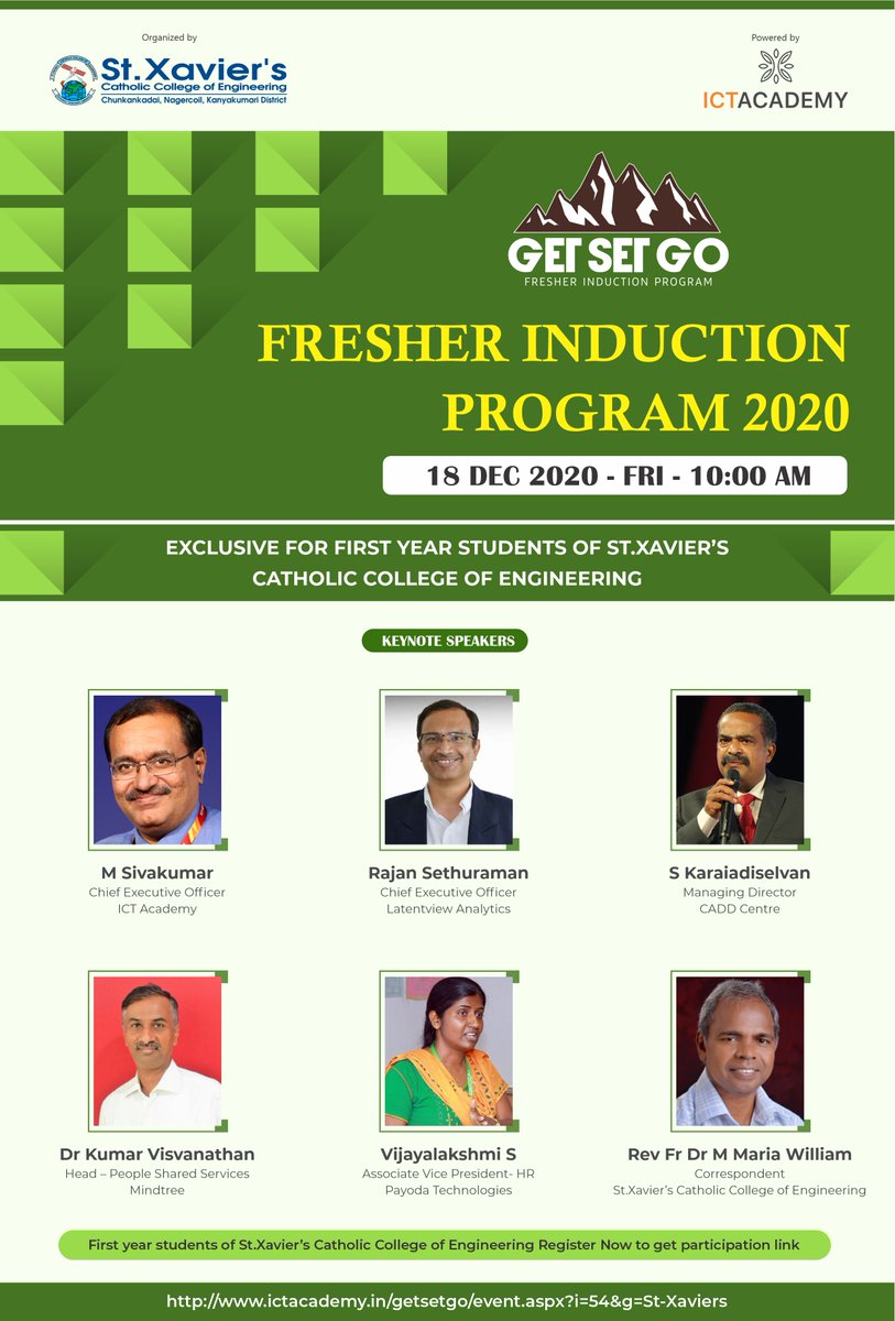 ictacademyindia's tweet photo. ICT Academy conducts GET SET GO - Fresher Induction Program exclusive for the first-year students of St. Xavier's Catholic College of Engineering, Nagercoil.
Date: 18 December 2020 - Fri 10:00 AM
Register now: https://t.co/Ndnnws8y2g
#ictacademyindia #GetSetGo #SXCCE https://t.co/WmwaIBOPZY