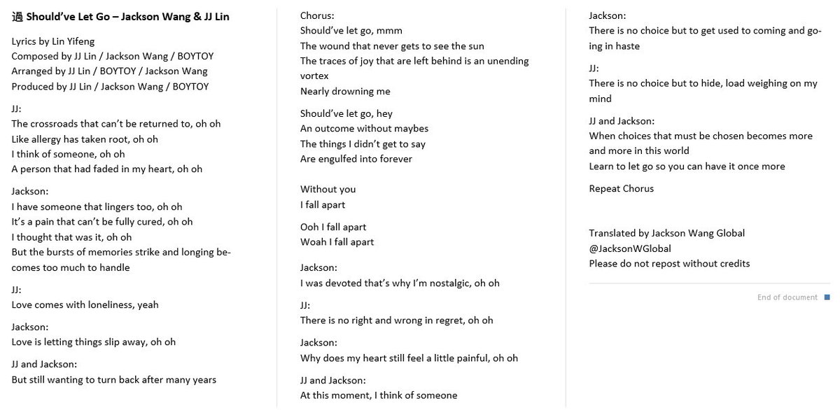 Jackson Wang Global Lyrics 1217 Jwgtrans Lyrics For 過 Should Ve Let Go Composed Arranged Produced By Jj Lin Jackson Wang Boytoy Spotify T Co F4pimh2tkf Jacksonwang Shouldveletgo 王嘉尔林俊杰新歌過