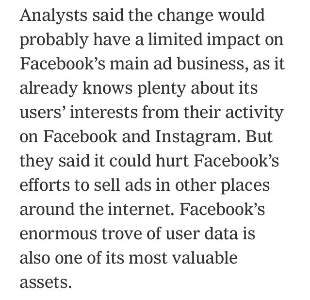 I actually don’t agree with these analysts. Why do we have to rely on an anonymous analysts btw? We know from UK regulators that a majority of Facebook’s data is collected in a manner which will soon be blocked. No one on earnings has even probed which is why they’re not useful.