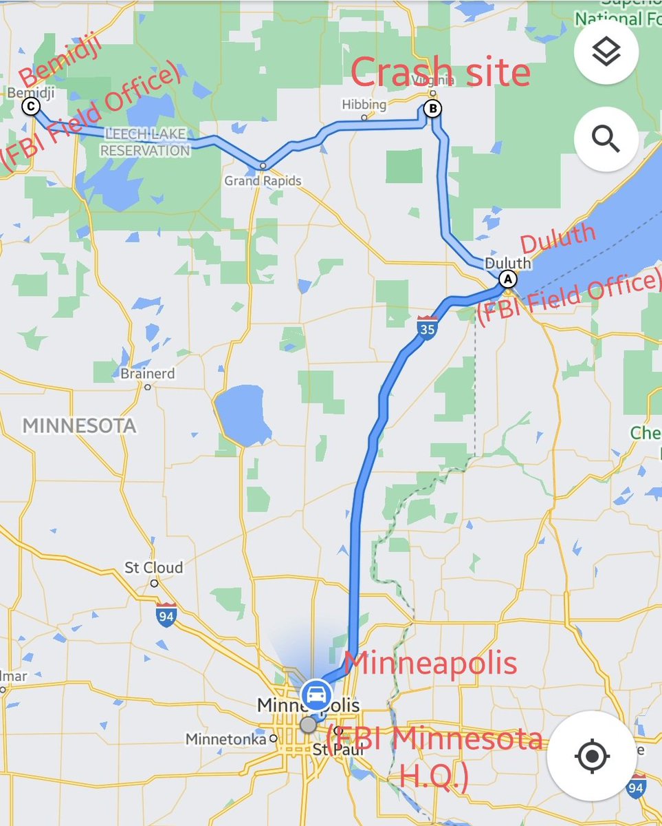 An FBI spokeswoman confirmed that no one from their Duluth office went to the crash site that day. There's an FBI office in in Bemidji, but that would have been a long drive on two lane highways. A bit of Minnesota geography: