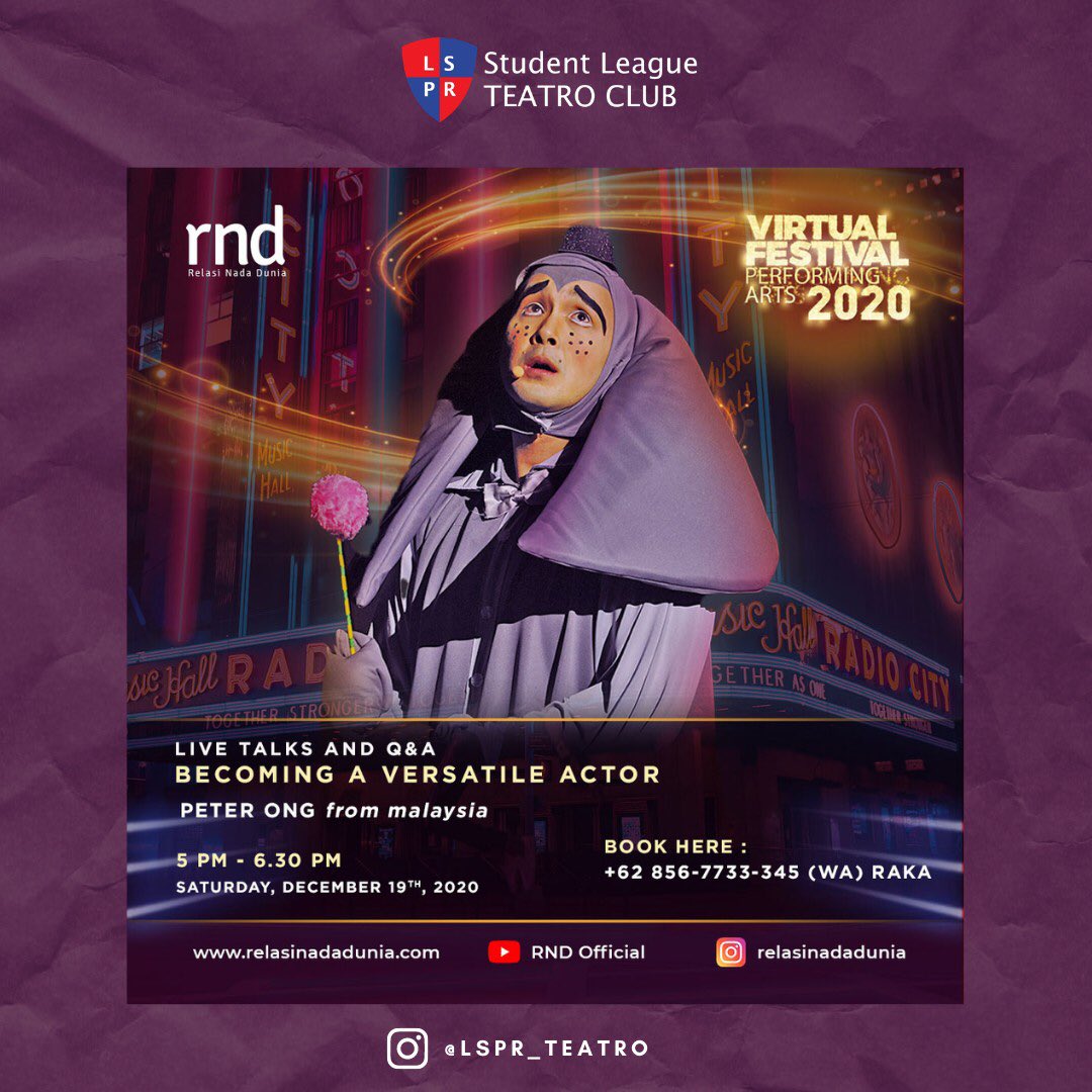We invite you to Virtual Festival Performing Arts 2020 by @relasinadadunia this Friday and Saturday!
We have our workshops and talk shows with NATIONAL + INTERNATIONAL ARTISTS!

Tickets are limited, so contact Dessi now at +62 822 9898 9678 (WA) or visit instagram.com/relasinadadunia