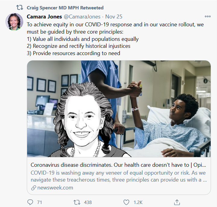 Imagine letting old people die because they're the wrong skin color and you want to rectify a historical injustice.Now imagine being a doctor and actively advocating for that.