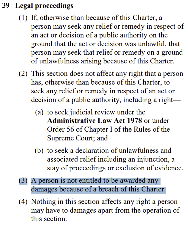 6/H. The charter and its use is solely to deal with ‘Active’ issues. This is because the only remedies within the charter are to have the unlawful act stopped. (See Screen Grab). There is no provision for damages etc.