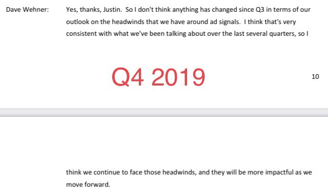I’m going to have to do this.  @donie  @MikeIsaac  @jacknicas  @JohnPaczkowski  @JaneLytv  @mkarolian here are Facebook CFO warnings. None about small biz but instead more *headwinds* ahead due to Apple and regulatory improvements to privacy. First noticeable warning Q4 2019 earnings.
