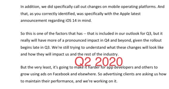 Then again 3x in Q2 2020 earnings. Q1 was mostly focused on macro trends as Covid had hit and everyone wanted Facebook’s take forgetting about Facebook’s risks from privacy changed by Apple.