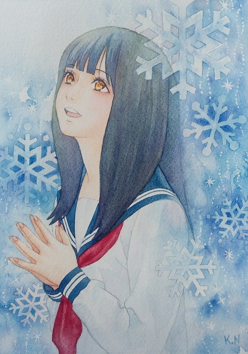 K N 描きました 水彩画 アナログ イラスト 創作の狼煙 イラスト基地 イラスト王国 絵描き人 女の子 線引者 セーラー服 女子高生 雪の結晶