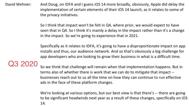 And again last quarter earnings. A lot more explicit and attempting to pin it to defending small business. In short, they are full of crap. They’re doing this because there is real risk to Facebook’s business. No one knows how much. Or at least FB hasn’t been clear.