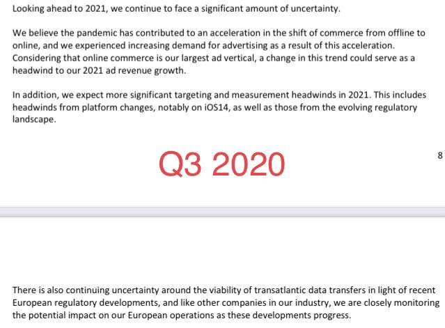 And again last quarter earnings. A lot more explicit and attempting to pin it to defending small business. In short, they are full of crap. They’re doing this because there is real risk to Facebook’s business. No one knows how much. Or at least FB hasn’t been clear.