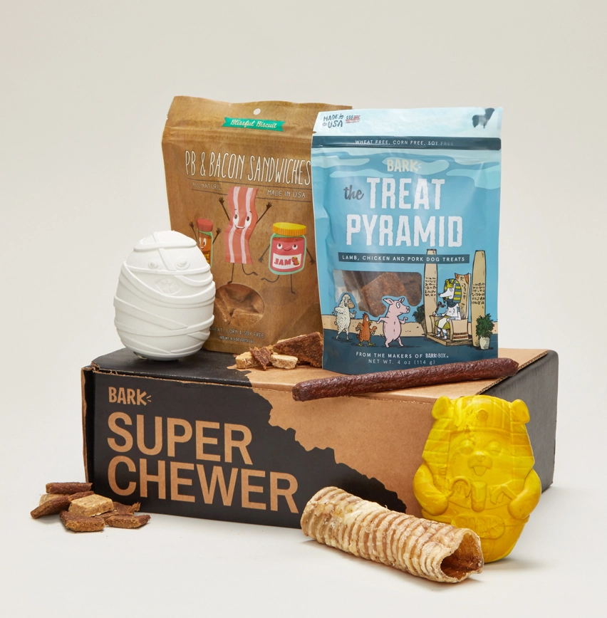 One month your dog might receive a collection of treats and toys. BarkBox might send him on a journey through Chewrassic Bark. Each box contains two innovative toys, two bags of all-natural treats, a chew, and a specially curated item from the month's themed collection.