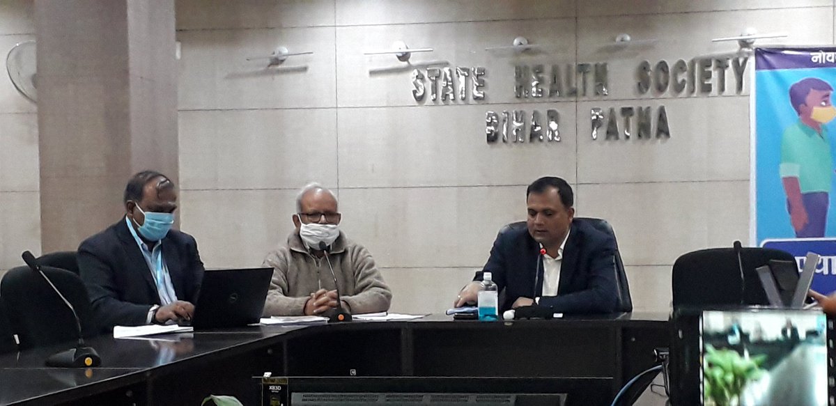BiharRoutine's tweet photo. State ToT for COVID Vaccine Introduction in progress, under the Chairmanship of Shri Manoj Kumar (IAS), ED, SHS Bihar along with Dr. N.K.Sinha, AD-cum-SIO Bihar and State Representatives of Partner Organizations @DrNKSinha1 @MoHFW_INDIA @UNICEFIndia @UNDP_India @WHOSEARO https://t.co/0Z72KHO43F
