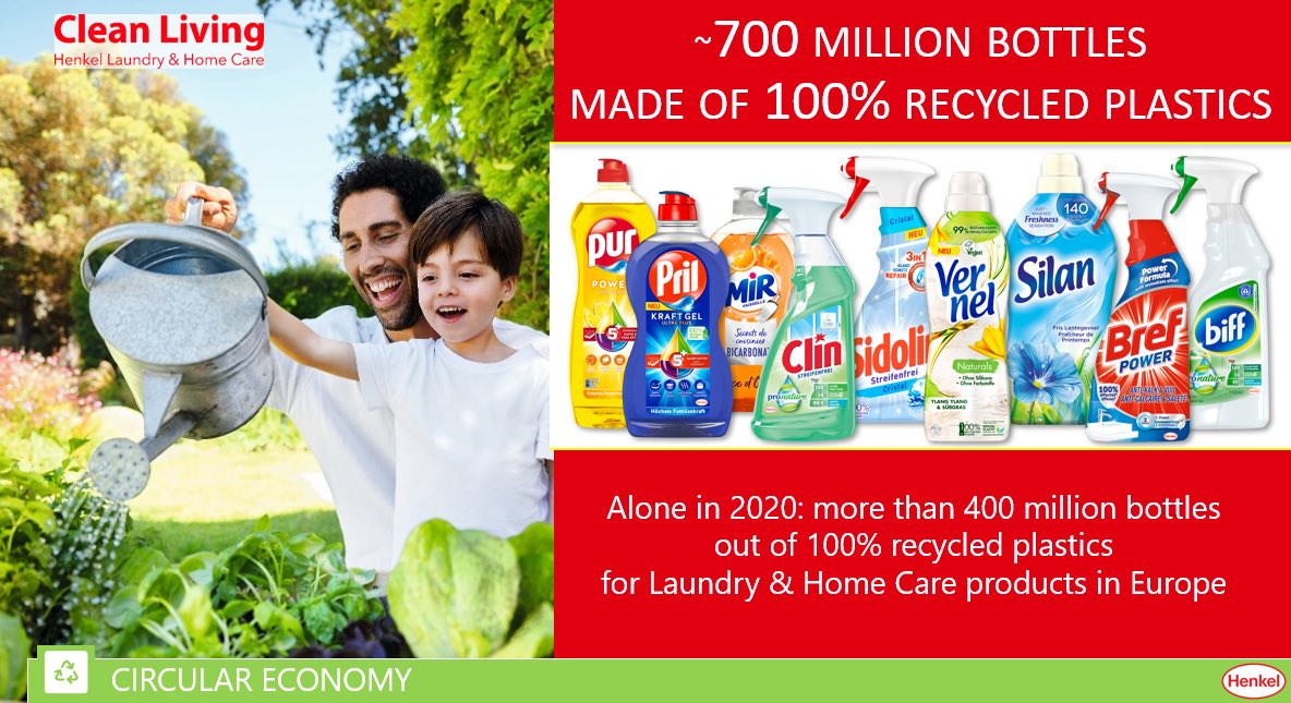 LeopoldThorsten's tweet photo. @Henkel is reaching a milestone in its engagement for #sustainable #packaging. The company almost used 700 million bottles made of 100% #recycled #plastics for Laundry &amp; Home Care products in Europe - more than 400 million alone in 2020. https://t.co/kwOzYK9vv0 https://t.co/7ztP4LROPT